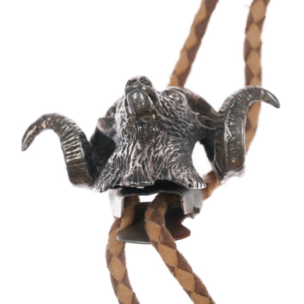 c1960 Large Sterling Ram Head bolo tie with jeweled eyes