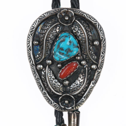 80's Spencer Navajo Sterling turquoise and coral bolo tie