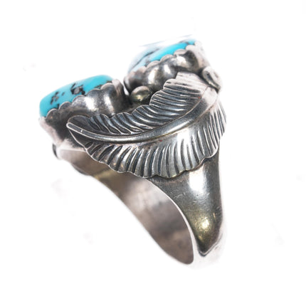 sz11.75 Vintage Native American silver double turquoise feather ring