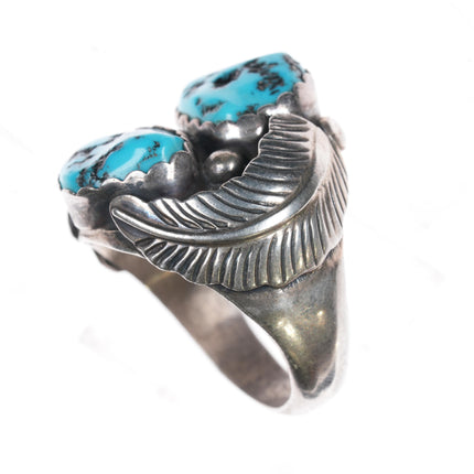 sz11.75 Vintage Native American silver double turquoise feather ring