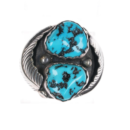 sz11.75 Vintage Native American silver double turquoise feather ring