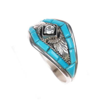 sz16 Silver Ray Navajo sterling turquoise inlay cz ring