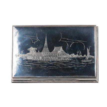 Bangkok Siam Sterling silver niello jewelry box with temple harbor scene