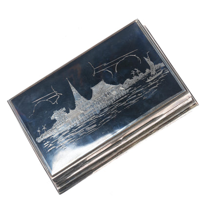 Bangkok Siam Sterling silver niello jewelry box with temple harbor scene