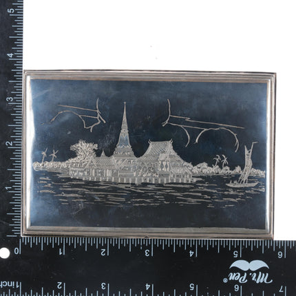 Bangkok Siam Sterling silver niello jewelry box with temple harbor scene