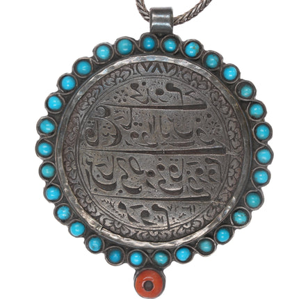 Antique Arabic Sterling, turquoise, and coral pendant on wheat chain