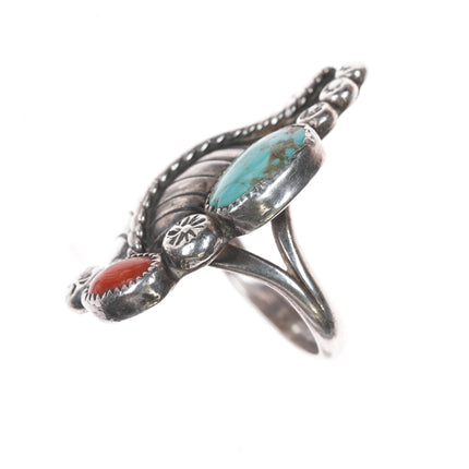 sz6.75 c1960's Native American silver, turquoise, and coral feather ring