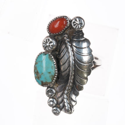 sz6.75 c1960's Native American silver, turquoise, and coral feather ring