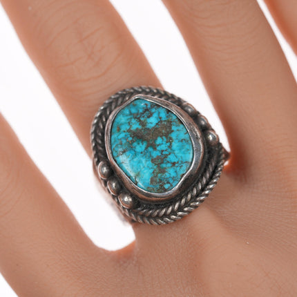 sz11.25 Vintage Navajo silver ring with turquoise and stamped sides