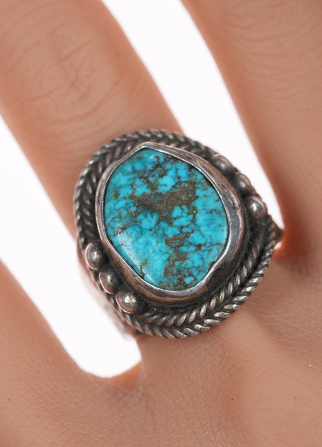 sz11.25 Vintage Navajo silver ring with turquoise and stamped sides