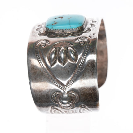 6 7/8" c1940's Navajo stamped repousse silver cuff bracelet with turquoise