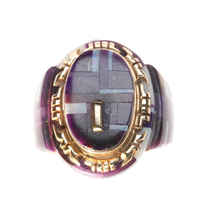 sz6.75 Herman Hoskie Navajo 14k Gold Sugilite/opal inlay ring