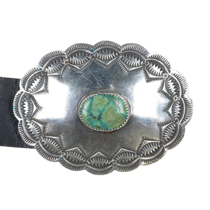 Vintage Navajo Heavily worked concho belt with high grade green turquoise