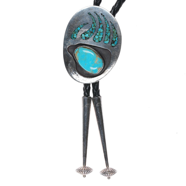 c1970 Jane yikaazba Popovitch Navajo sterling chip inlay turquoise bolo tie