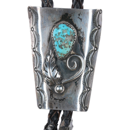 c1960 c-31 Navajo silver bolo tie with turquoise heavy stamped sides