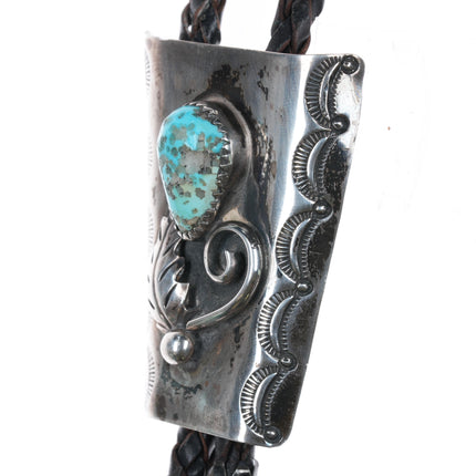 c1960 c-31 Navajo silver bolo tie with turquoise heavy stamped sides