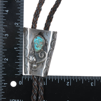 c1960 c-31 Navajo silver bolo tie with turquoise heavy stamped sides