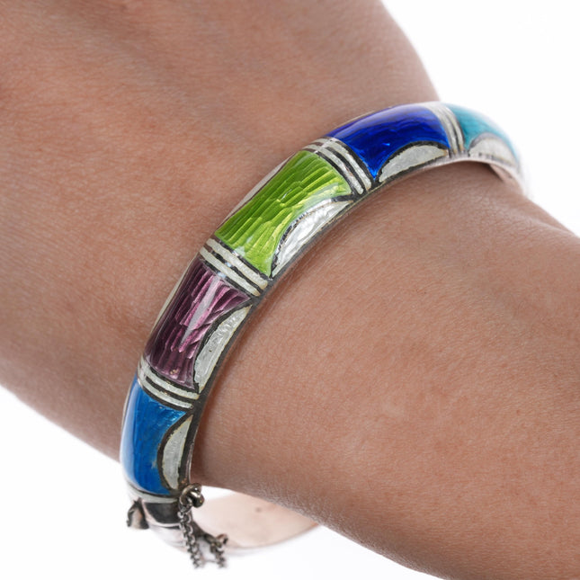 7.25" Vintage Sterling multi-color enamel bangle bracelet