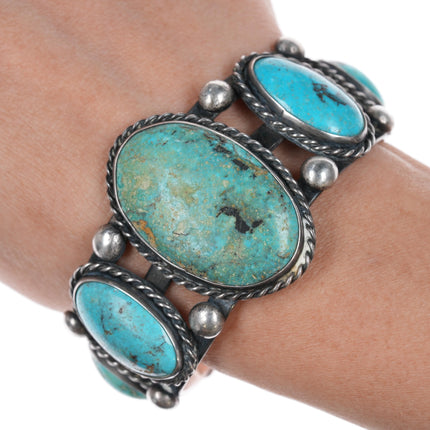 6.25" Sturdy Vintage Native American sterling turquoise graduated row cuff bracelet