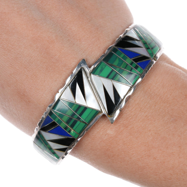 6 3/8" Sterling, Lapis, Malachite, shell channel inlay cuff bracelet