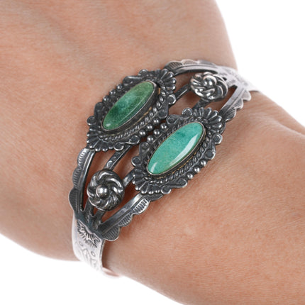 6 3/8" 40's-50's Fred Harvey/Navajo Curio cuff bracelet w/2 turquoise