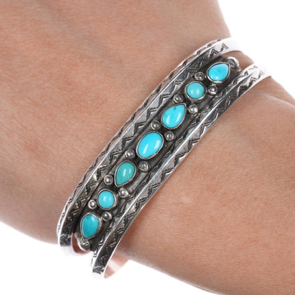 6 3/8" 1940's Navajo Sleeping Beauty turquoise double carinated silver cuff bracelet