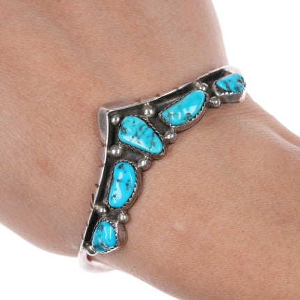 6.5" Vintage Native American sterling and turquoise pointy row cuff bracelet