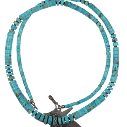 A Dishta Zuni sterling thunderbird pendant/pin on turquoise heishi necklace