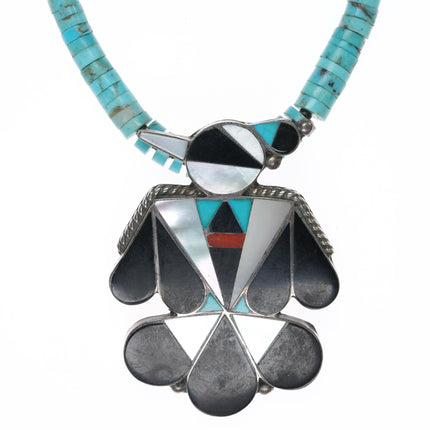 A Dishta Zuni sterling thunderbird pendant/pin on turquoise heishi necklace