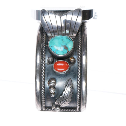 7.25" Roy Vandever Navajo 70's Sterling turquoise, Coral watch cuff Waltham