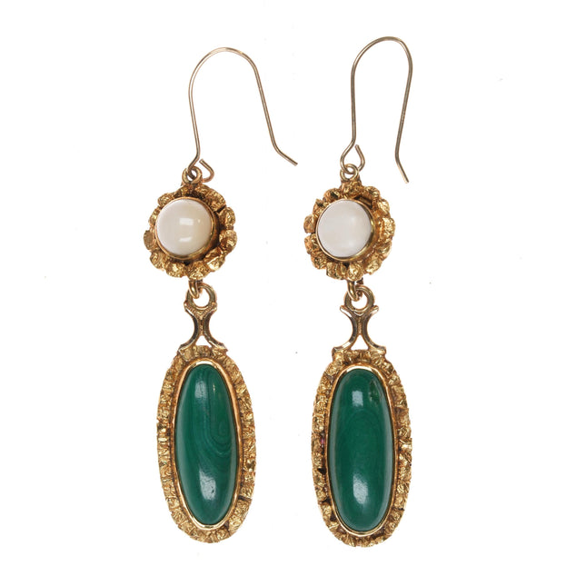 Antique 14k gold coral and Malachite earrings