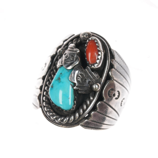 sz11.25 LL 70's-80's Native American silver, turquoise, and coral ring