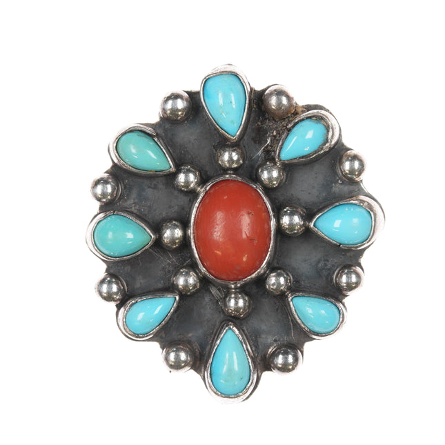 sz10.5 Sterling, turquoise, and coral cluster ring