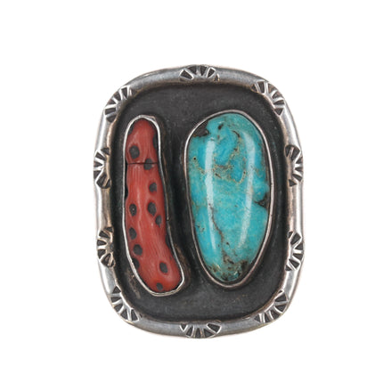 sz7.75 60's-70's Navajo silver, turquoise, and coral ring