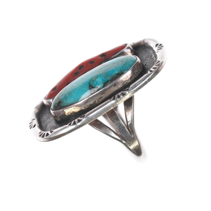 sz7.75 60's-70's Navajo silver, turquoise, and coral ring