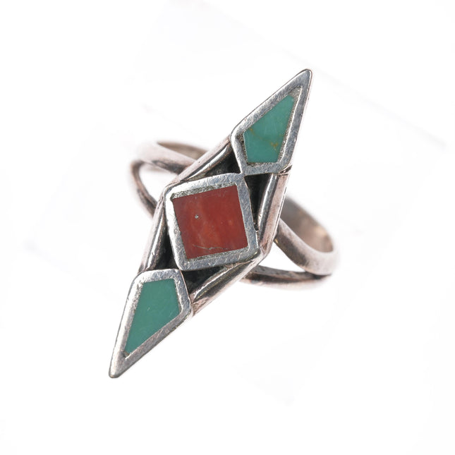 sz5.5 Zuni silver, turquoise and coral channel inlay ring