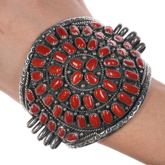 7.25" c1980's Robert Kelley Navajo Sterling Mediterranean coral cluster cuff Bracelet