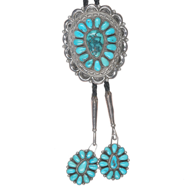 Large Joe & Eunice Wilson Navajo sterling turquoise cluster bolo tie