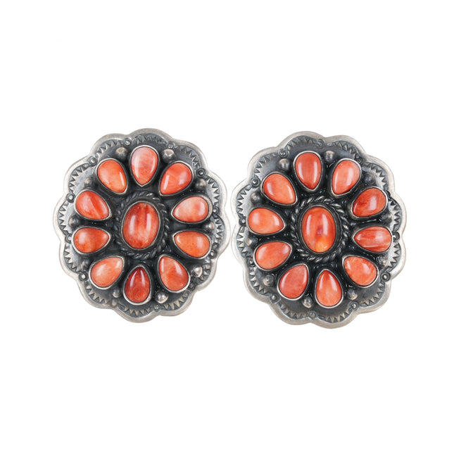 GJ Native American sterling spiny oyster cluster earrings