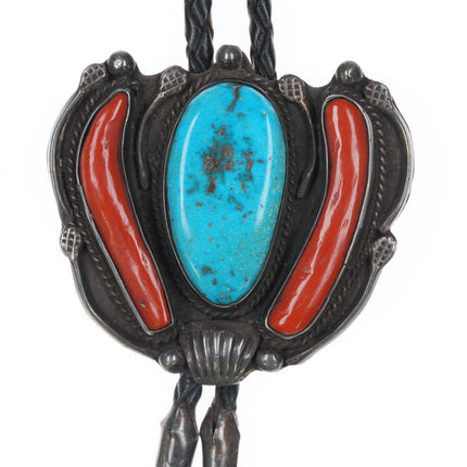 Large c1960 c-31 Zuni sterling bolo tie with turquoise and coral