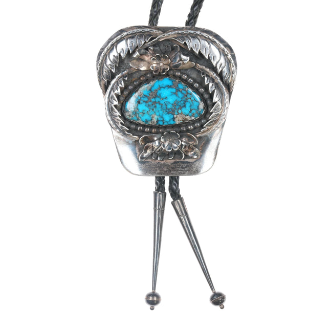 Large c1970 R Earl Church Navajo sterling and high grade turquoise bolo tie