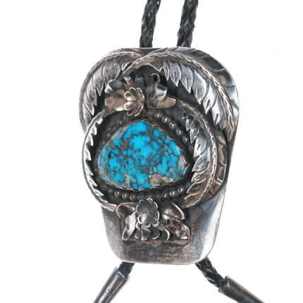 Large c1970 R Earl Church Navajo sterling and high grade turquoise bolo tie