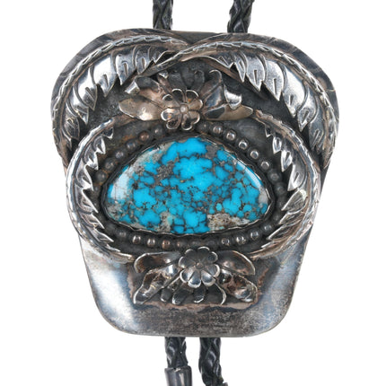 Large c1970 R Earl Church Navajo sterling and high grade turquoise bolo tie