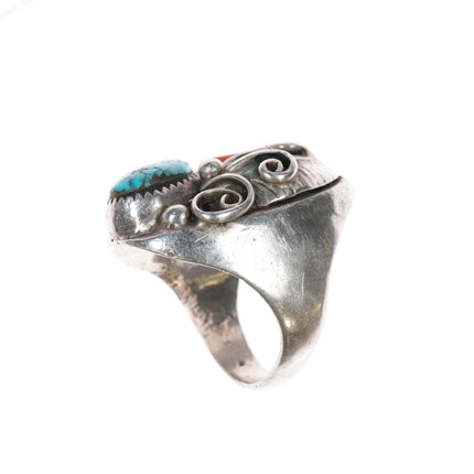 sz10.25 1970's Navajo Sterling, turquoise and coral ring