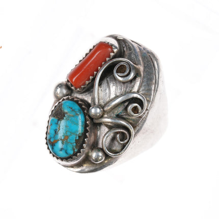 sz10.25 1970's Navajo Sterling, turquoise and coral ring