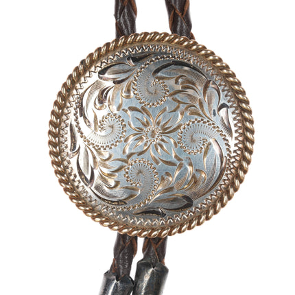 Vintage hand engraved sterling bolo tie with rope edge