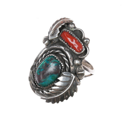 sz10.25 1970's Navajo Chrysocolla/coral sterling ring