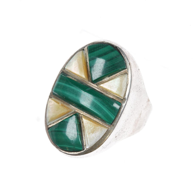 sz10 1970's Native American Sterling malachite and shell channel inlay ring