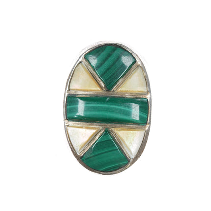 sz10 1970's Native American Sterling malachite and shell channel inlay ring