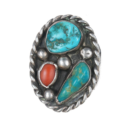 sz10 46gram Huge 1970's Navajo silver, turquoise, and coral ring